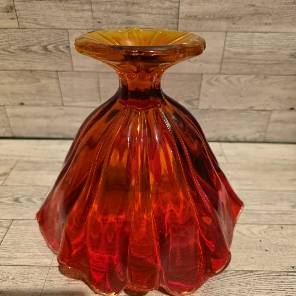 Vintage Art Glass Ruffled Pedestal Bowl - Red and Amber